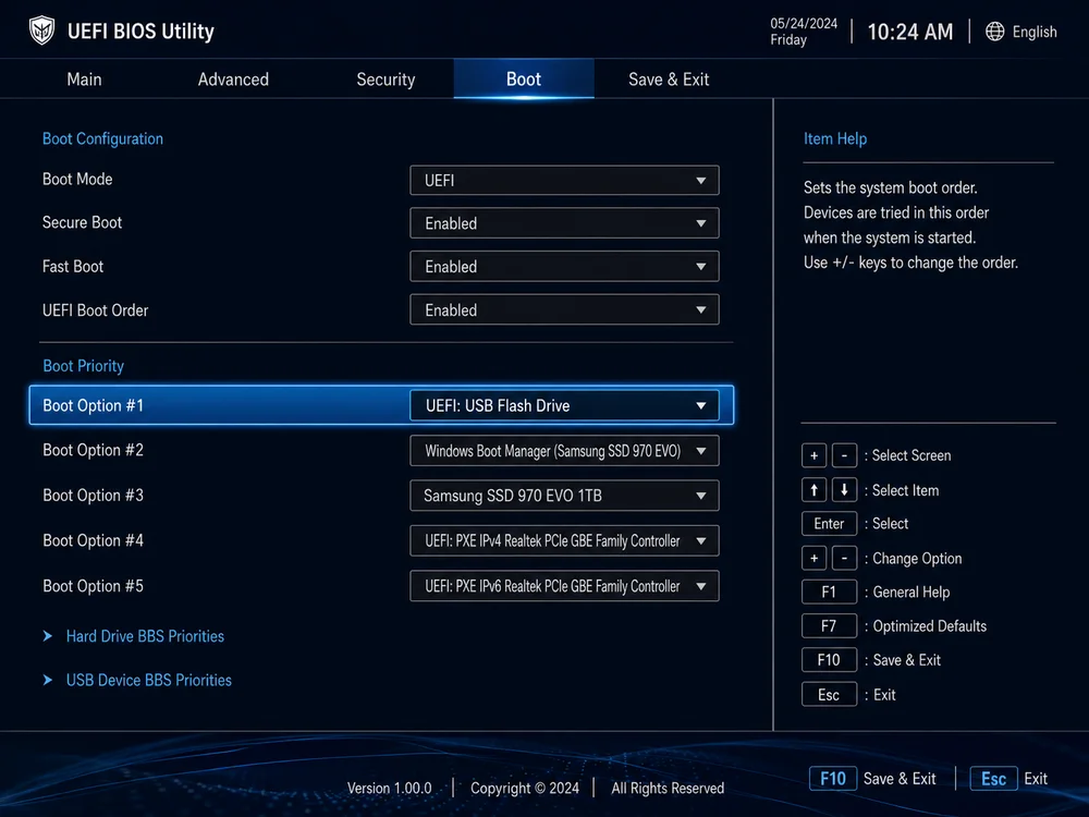 Выбор USB флешки в Boot Option 1
