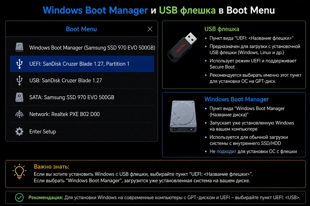 Windows Boot Manager и USB флешка в Boot Menu