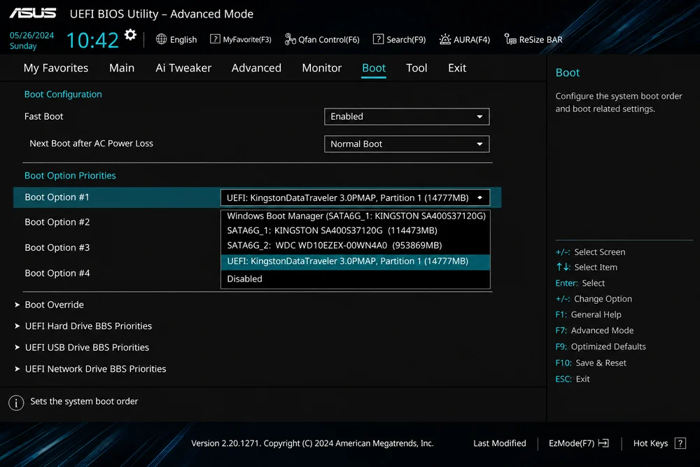 ASUS BIOS Boot Option 1 выбор USB флешки