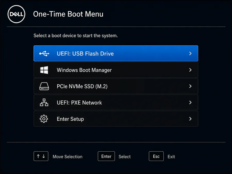 Dell One Time Boot Menu выбор USB флешки Windows
