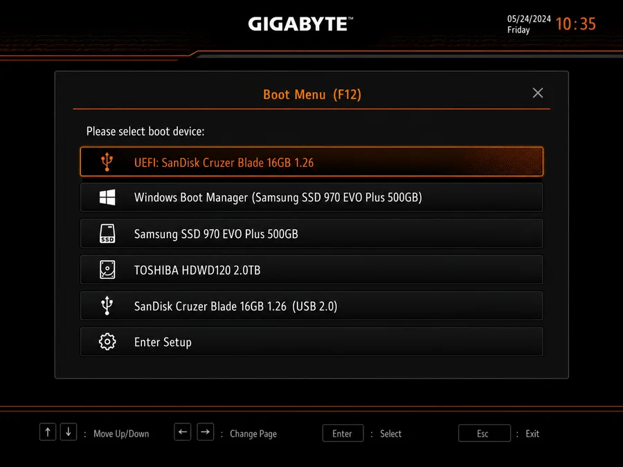Gigabyte Boot Menu F12 выбор USB флешки
