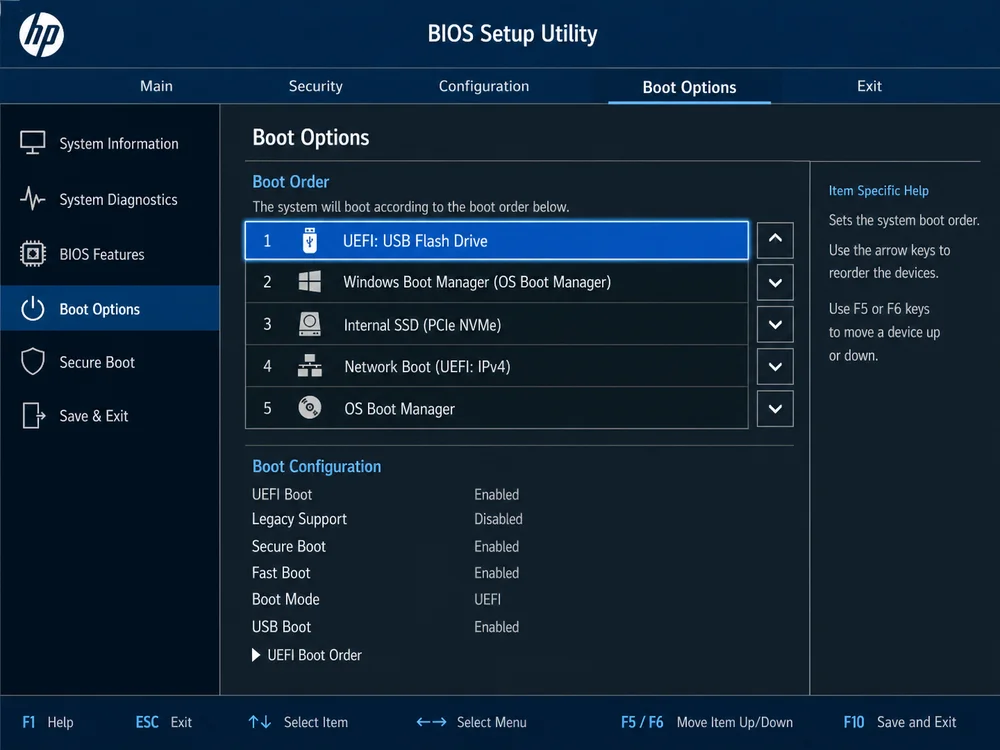 HP BIOS Boot Options настройка загрузки с USB флешки