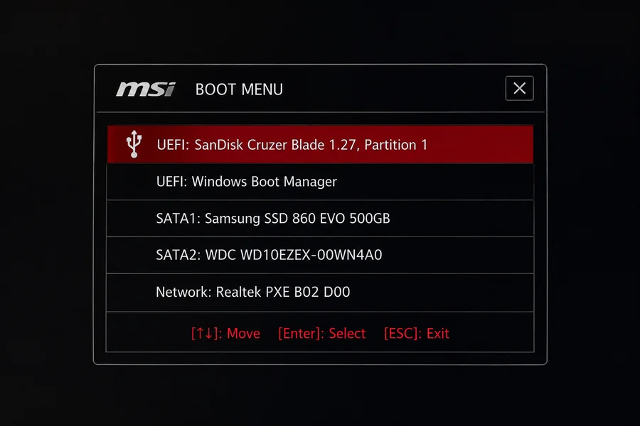 MSI Boot Menu F11 выбор загрузочной флешки Windows